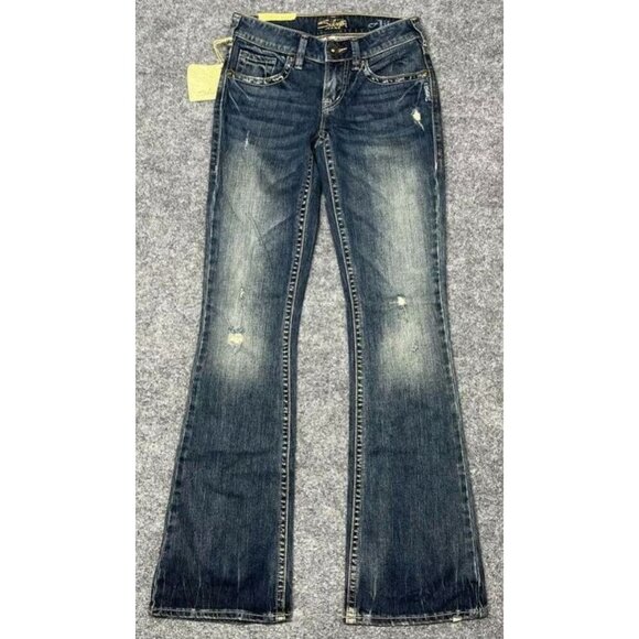 Silver Jeans Aiko Flare Womens 24X33 Blue Denim Distressed Stretch Curvy New - Picture 1 of 12